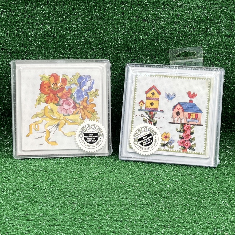 Crafty Hot Plate Lot of 2 CrossStitch Kit Spring Bouquet, Bird Houses New Sealed